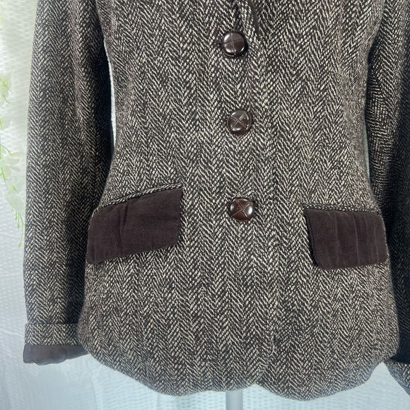 Women's Tweed Blazer Size Medium Brown Herringbone VELVETEEN Trim Dollhouse - Picture 6 of 14